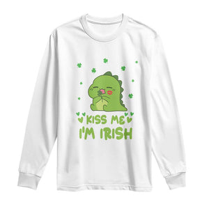 St Patrick's Day Long Sleeve Shirt Kiss Me I'm Irish Cute Dinosaur TS09 White Print Your Wear