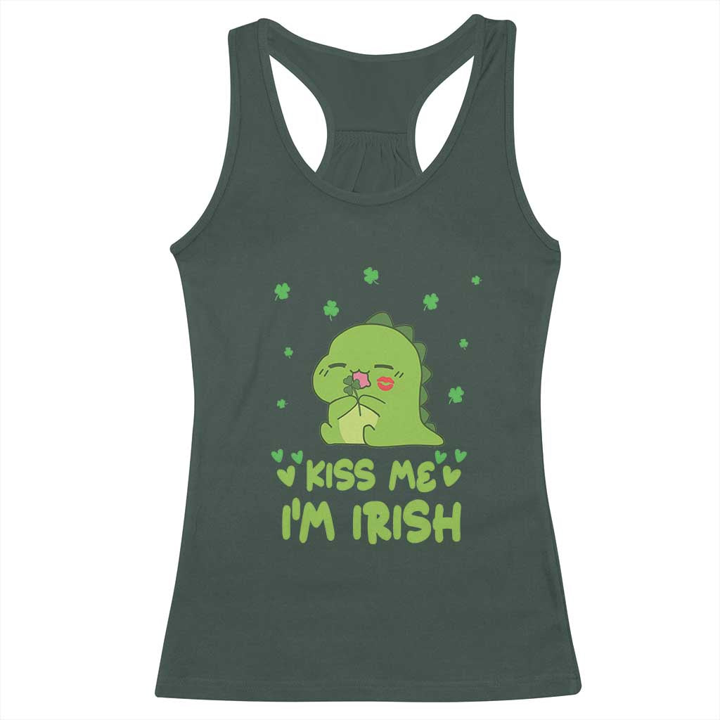 St Patrick's Day Racerback Tank Top Kiss Me I'm Irish Cute Dinosaur TS09 Dark Forest Green Print Your Wear