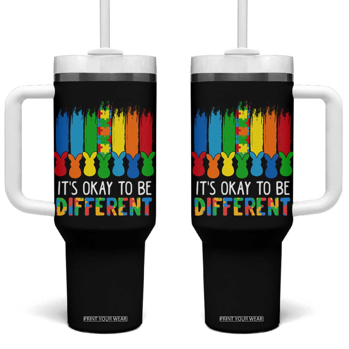 Autism Awareness Tumbler With Handle It's OK To Be Different Puzzle Easter Bunny TS09 One Size: 40 oz Black Print Your Wear