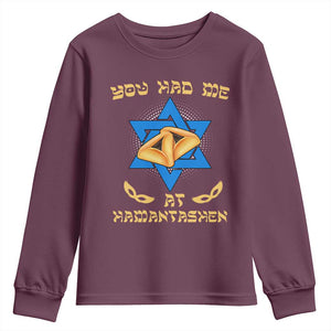 Funny Purim Youth Sweatshirt You Had Me At Hamantash TS09 Maroon Print Your Wear