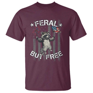 Funny 4th Of July T Shirt Feral But Free Raccoon American Flag TS09 Maroon Print Your Wear