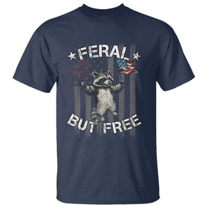 Funny 4th Of July T Shirt Feral But Free Raccoon American Flag TS09 Navy Print Your Wear