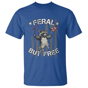 Funny 4th Of July T Shirt Feral But Free Raccoon American Flag TS09 Royal Blue Print Your Wear