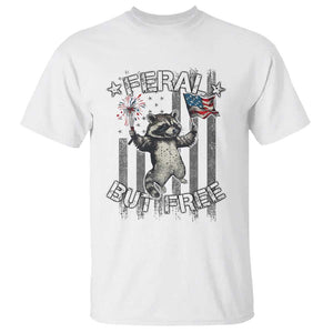 Funny 4th Of July T Shirt Feral But Free Raccoon American Flag TS09 White Print Your Wear