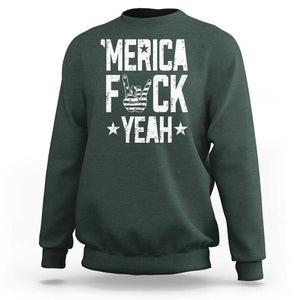 Funny 4th Of July Sweatshirt Merica Fuck Yeah Rock Hand TS09 Dark Forest Green Print Your Wear