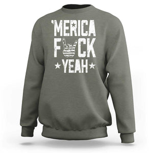 Funny 4th Of July Sweatshirt Merica Fuck Yeah Rock Hand TS09 Military Green Print Your Wear