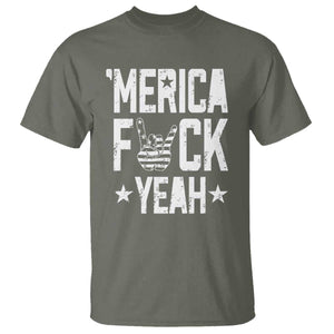 Funny 4th Of July T Shirt Merica Fuck Yeah Rock Hand TS09 Military Green Print Your Wear