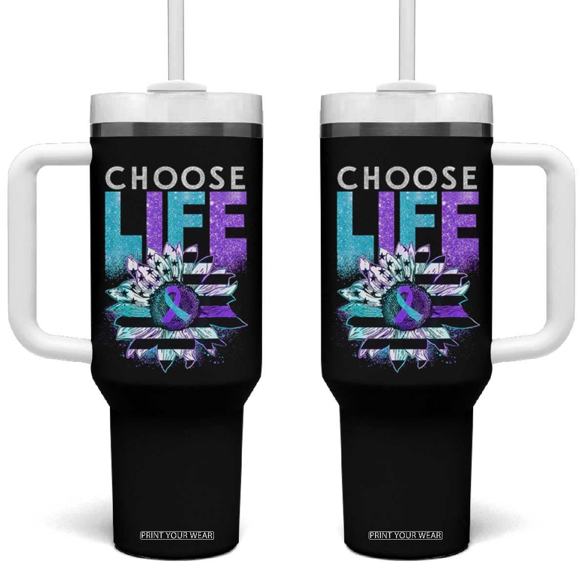 Suicide Prevention Tumbler With Handle Choose Life Sunflower American TS09 One Size: 40 oz Black Print Your Wear