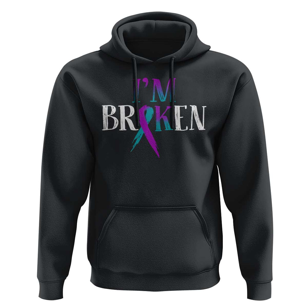 Suicide Prevention Hoodie I'm Ok Broken Teal And Purple Ribbon TS09 Black Print Your Wear