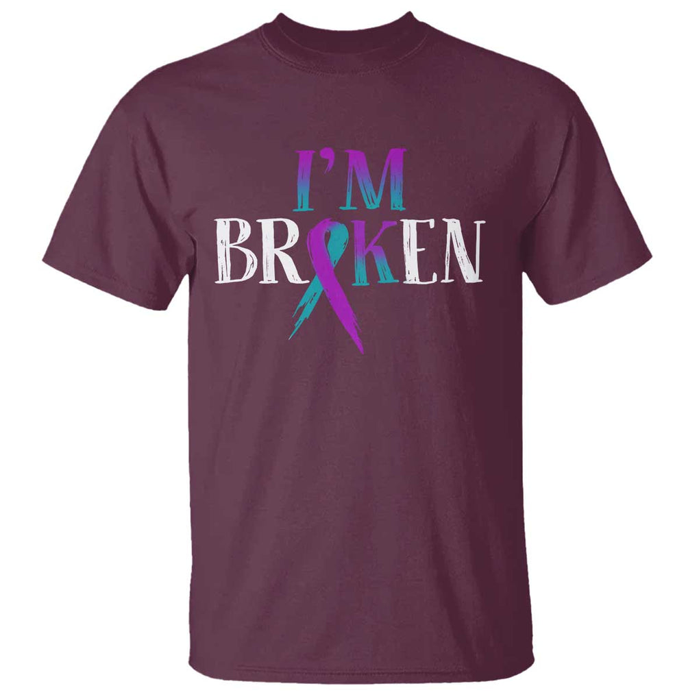Suicide Prevention T Shirt I'm Ok Broken Teal And Purple Ribbon TS09 Maroon Print Your Wear