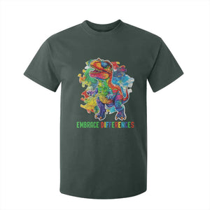 Autism Awareness T Shirt For Kid Embrace Differences Puzzle Dinosaur TS09 Dark Forest Green Printyourwear