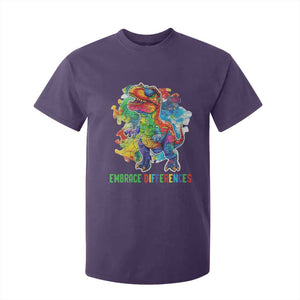 Autism Awareness T Shirt For Kid Embrace Differences Puzzle Dinosaur TS09 Purple Printyourwear