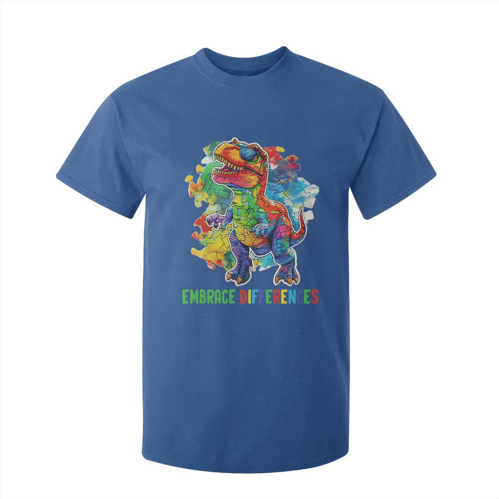Autism Awareness T Shirt For Kid Embrace Differences Puzzle Dinosaur TS09 Royal Blue Printyourwear