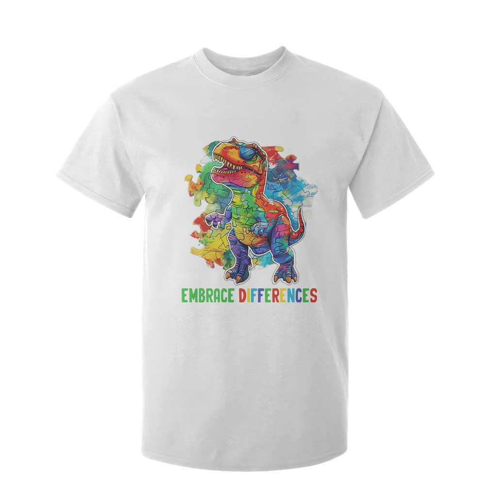 Autism Awareness T Shirt For Kid Embrace Differences Puzzle Dinosaur TS09 White Printyourwear