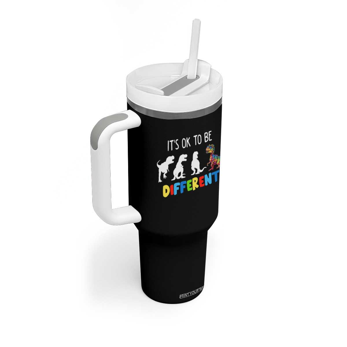 Autism Awareness Tumbler With Handle It's Ok To Be Different Puzzle Dinosaur TS09 Print Your Wear
