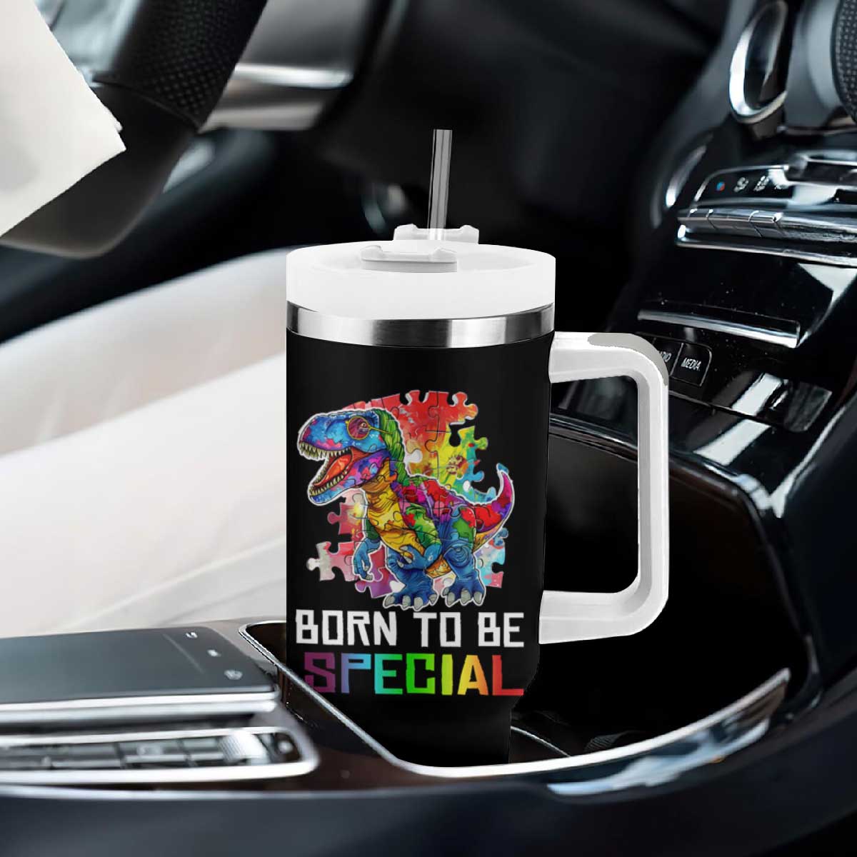 Autism Awareness Tumbler With Handle Born To Be Special Rainbow Puzzle Dinosaur TS09 Print Your Wear