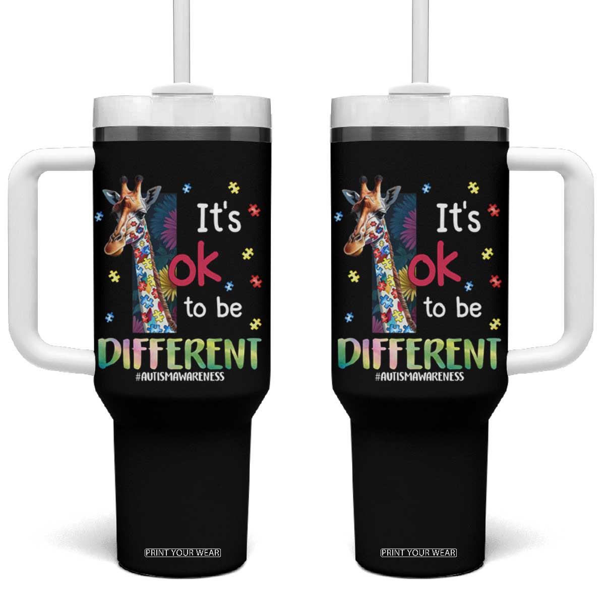 Autism Awareness Tumbler With Handle It's Ok To Be Different Puzzle Giraffe TS09 One Size: 40 oz Black Print Your Wear