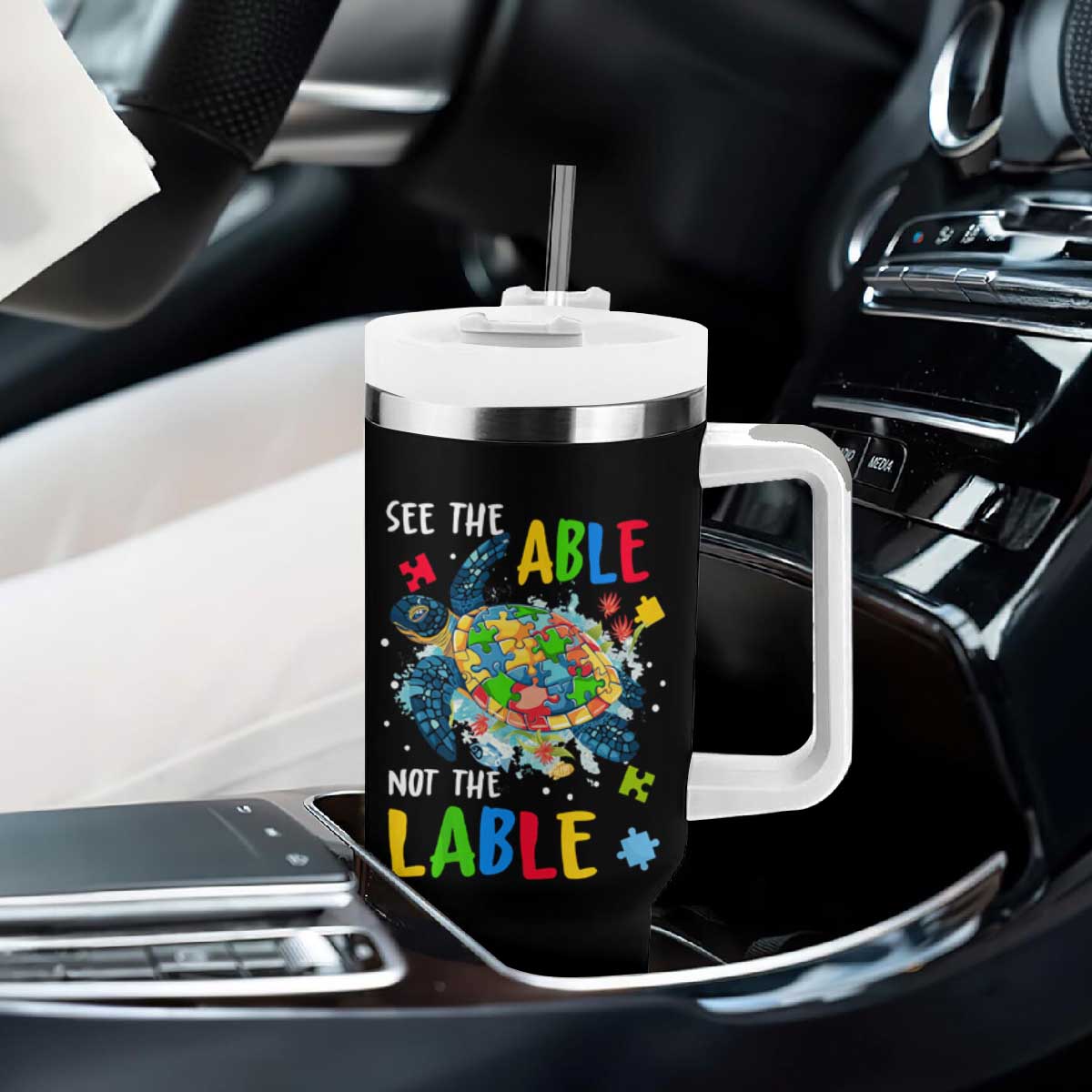 Autism Awareness Tumbler With Handle See The Able Not The Label Puzzle Sea Turtle TS09 Print Your Wear