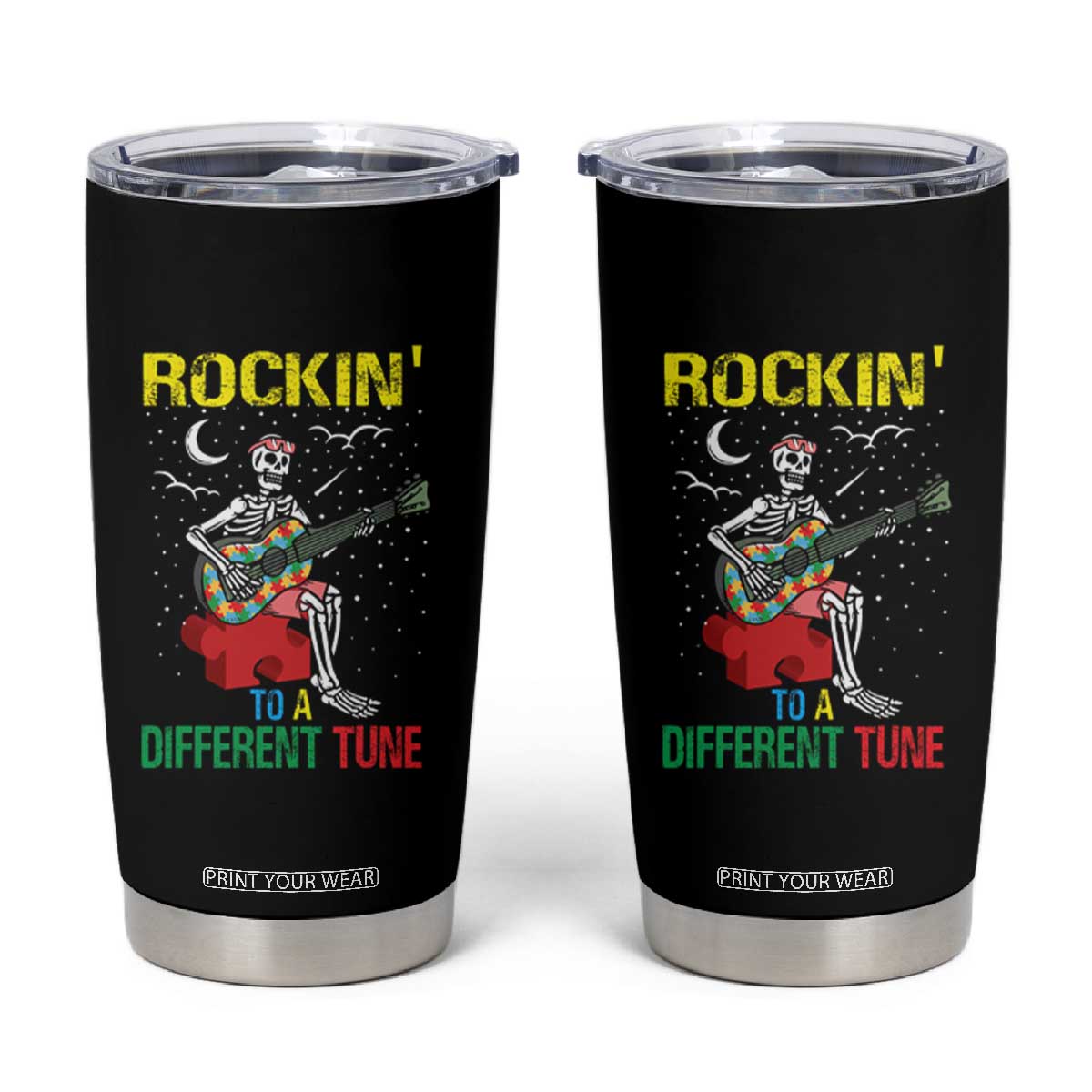 Autism Awareness Tumbler Cup Rockin' To A Different Tune Skeleton TS09 Black Print Your Wear
