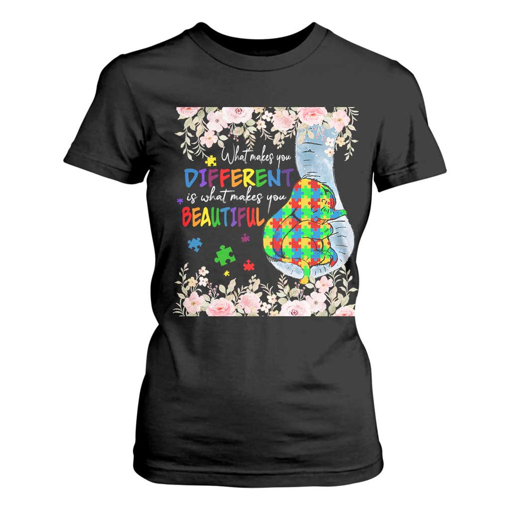 Autism Awareness T Shirt For Women What Makes You Different Is What Makes You Beautiful Autistic Elephant Mom TS09 Black Print Your Wear