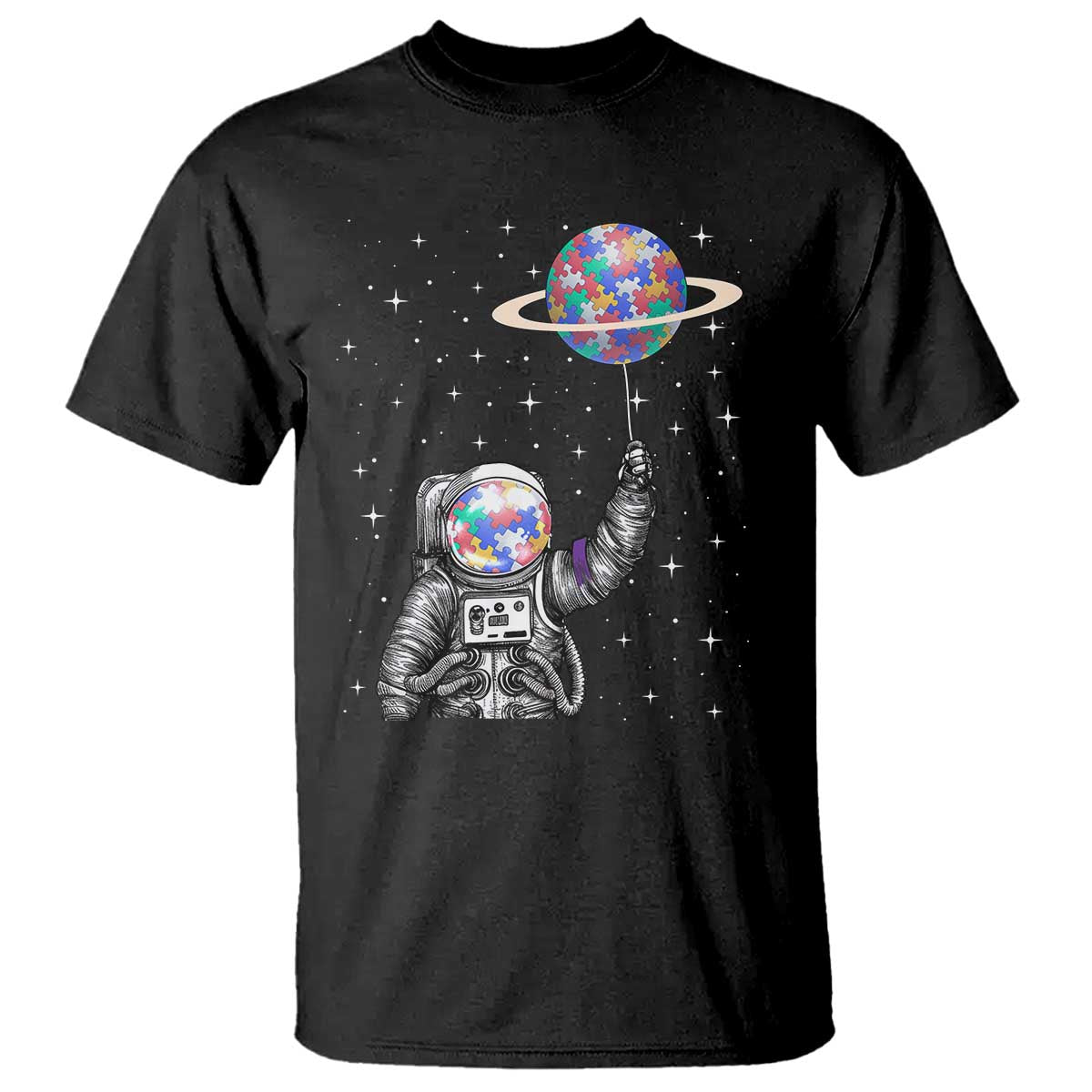 Autism Awareness T Shirt Astronaut Puzzle Balloon Autistic Outer Space TS09 Black Printyourwear