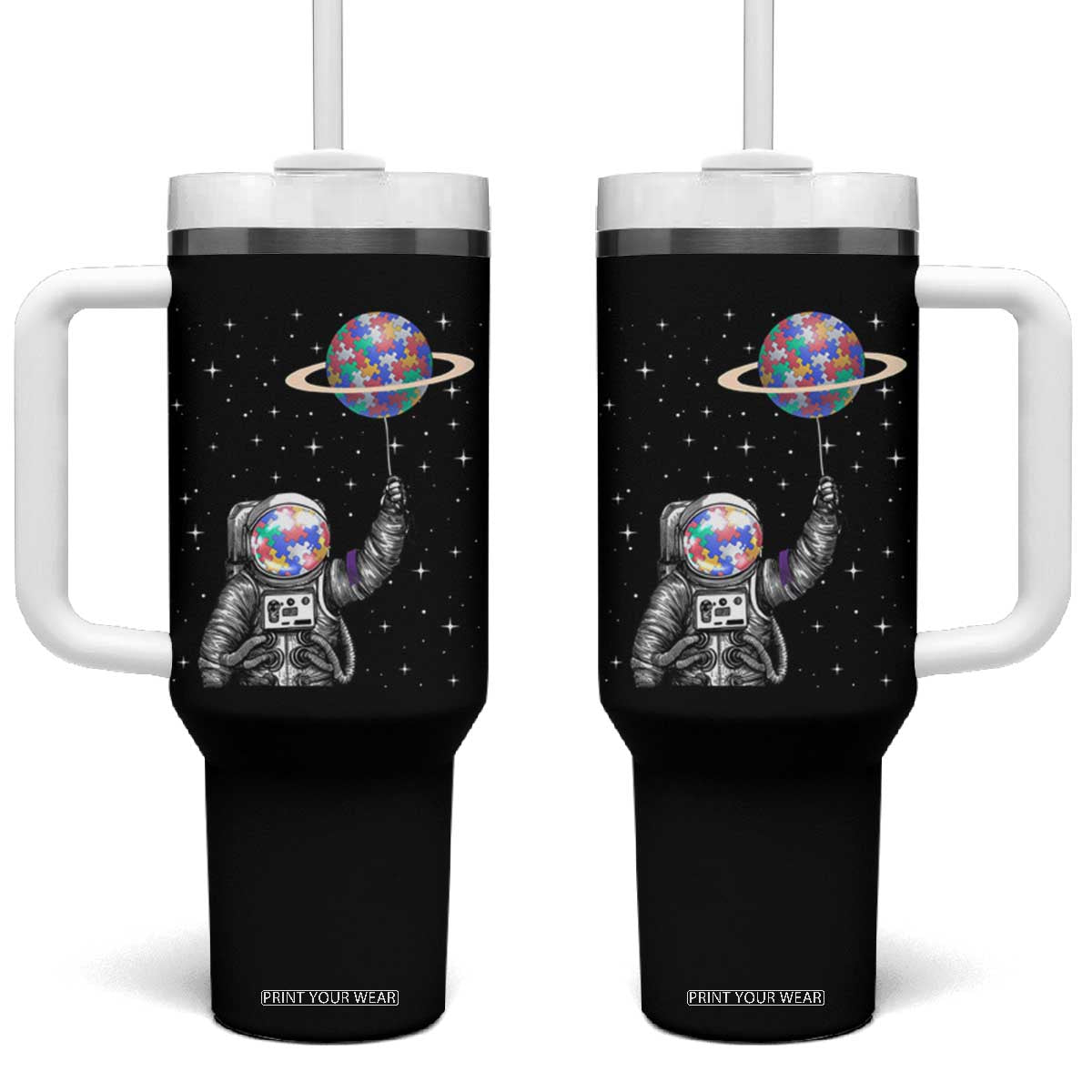 Autism Awareness Tumbler With Handle Astronaut Puzzle Balloon Autistic Outer Space TS09 One Size: 40 oz Black Print Your Wear