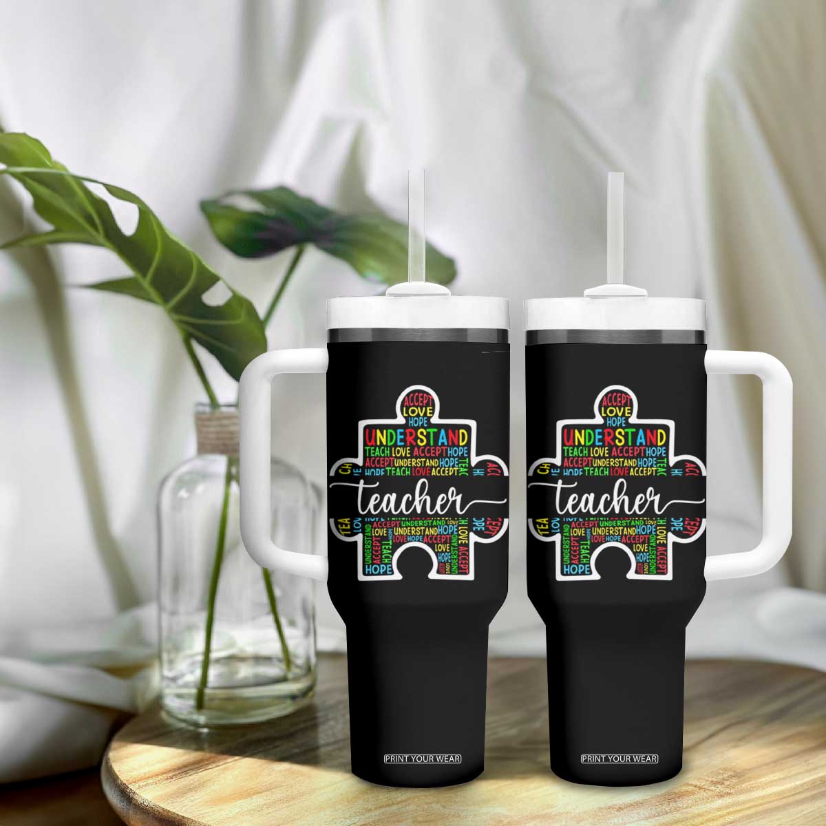 Autism Awareness Special Teacher Tumbler With Handle Teach Accept Understand Love TS09 Print Your Wear