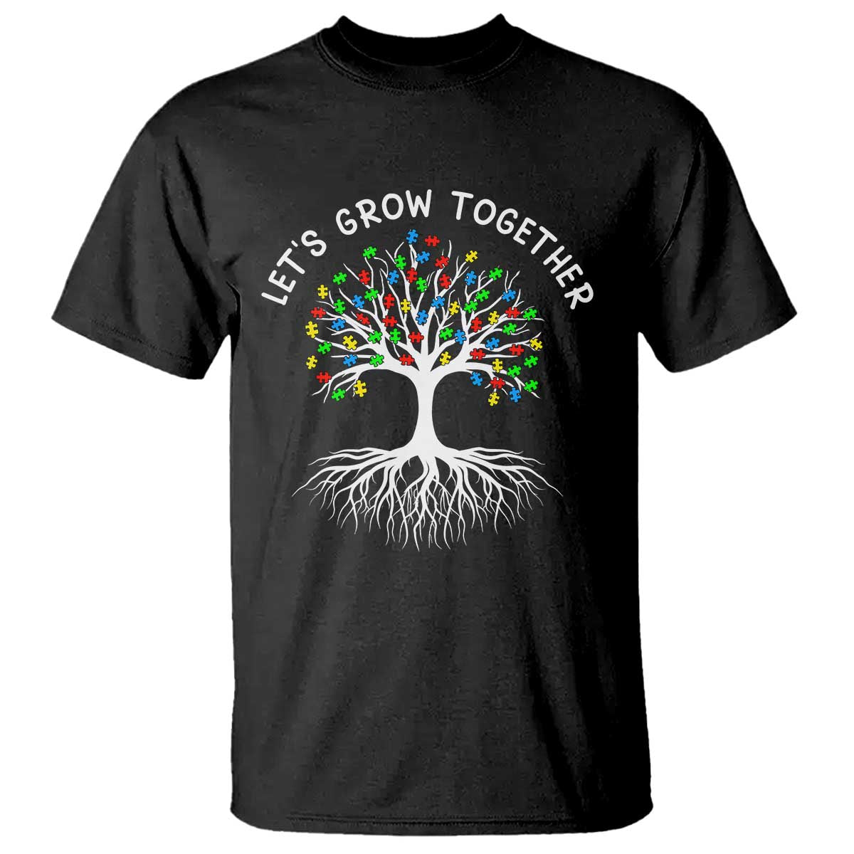 Autism Awareness T Shirt Let's Grow Together Puzzle Flowers TS09 Black Printyourwear