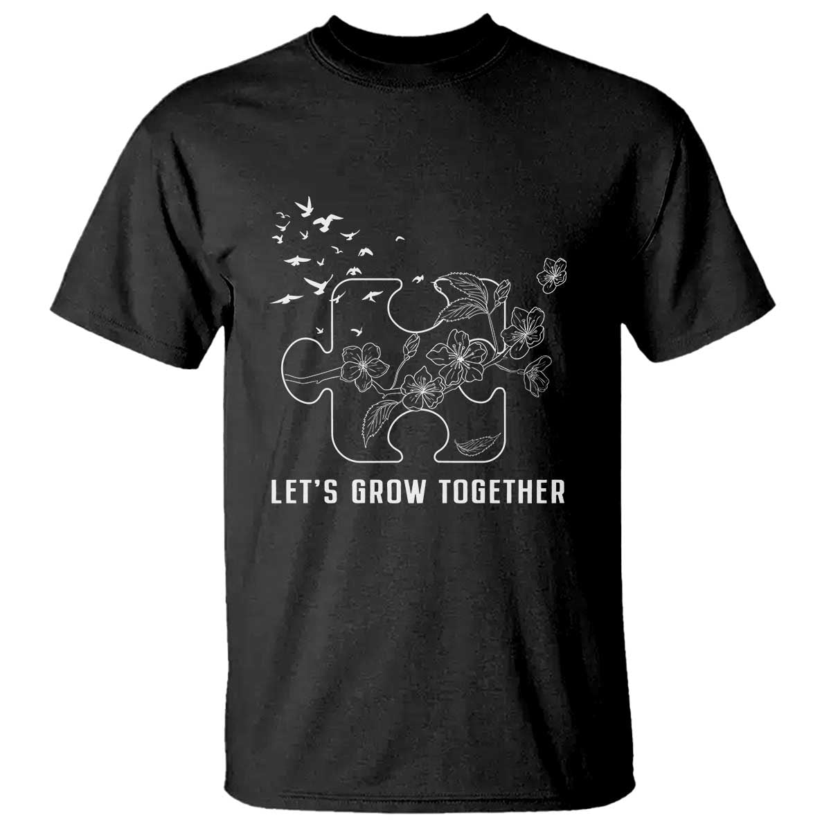 Autism Awareness T Shirt Let's Grow Together Puzzle Tree TS09 Black Printyourwear