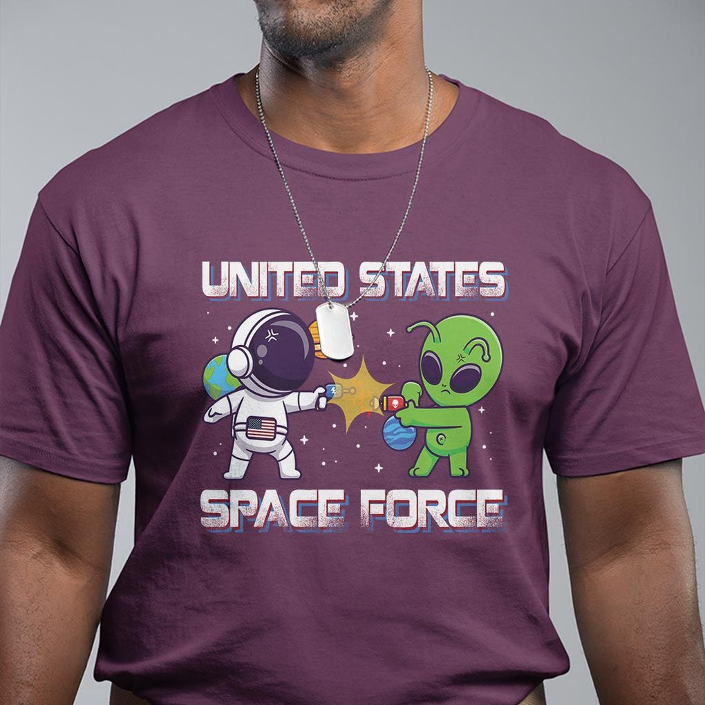 Funny US Space Force T Shirt Army Astronaut vs Alien TS09 Maroon Print Your Wear