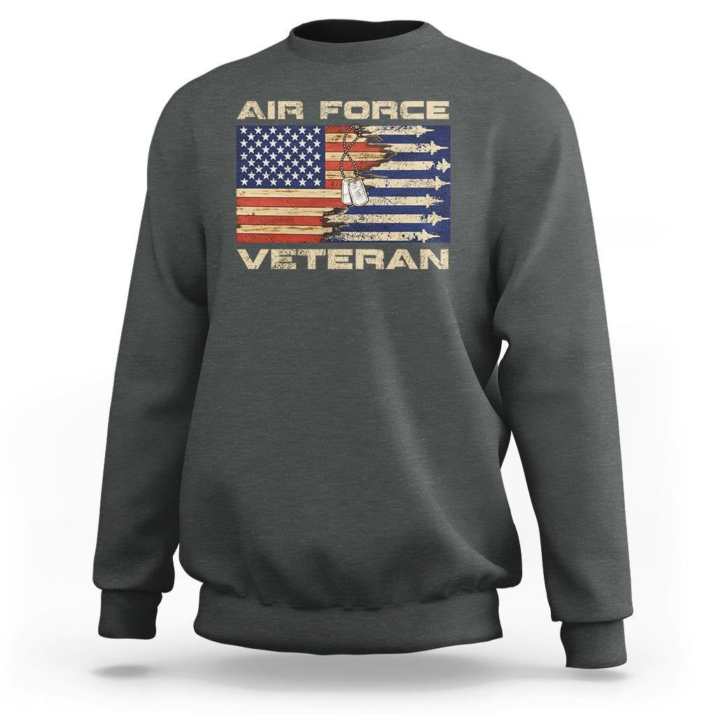 Air Force Veteran Sweatshirt American Flag Dog Tag TS09 Dark Heather Print Your Wear