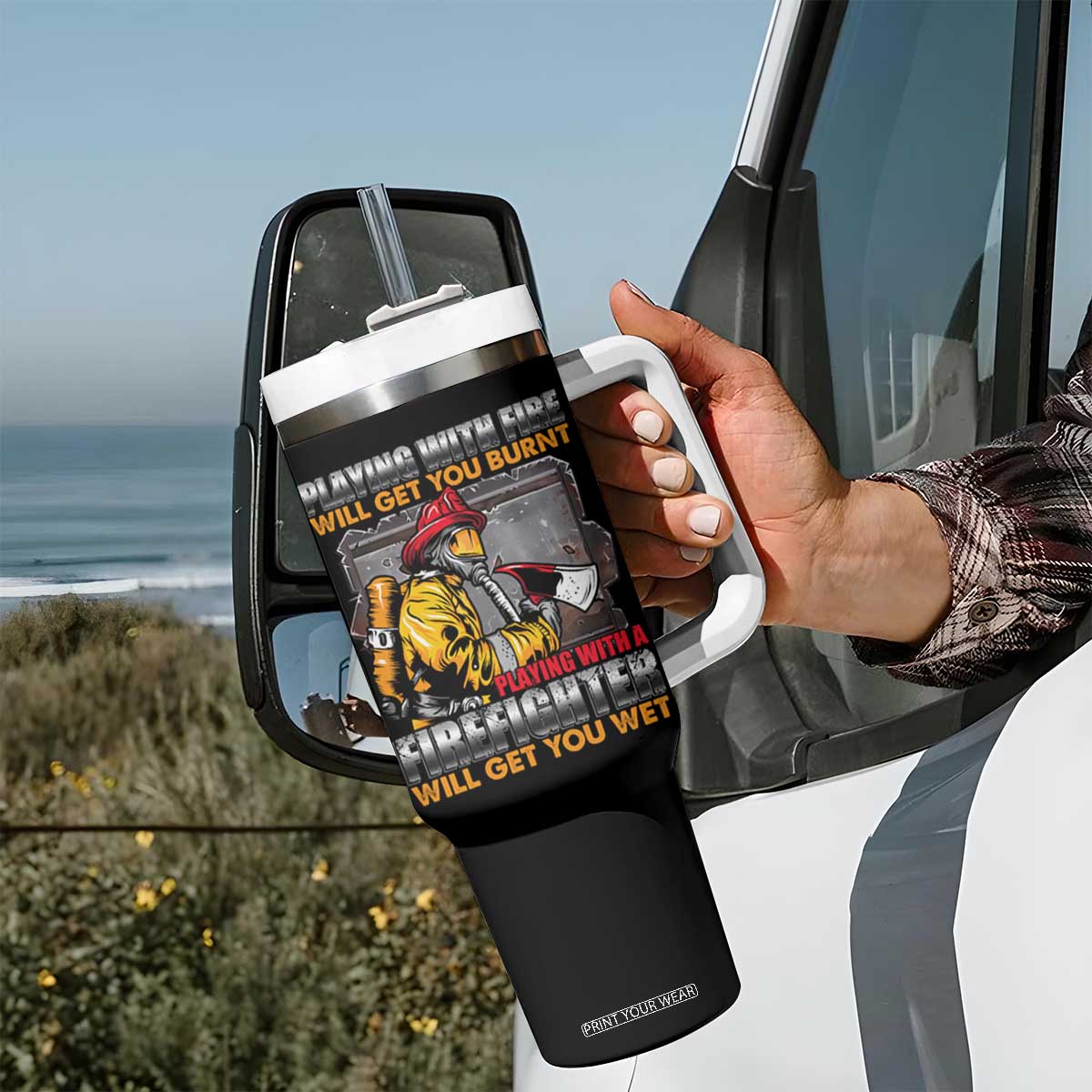 Funny Firefighter Tumbler With Handle Playing With A Firefighter Will Get You Wet TS09 Print Your Wear