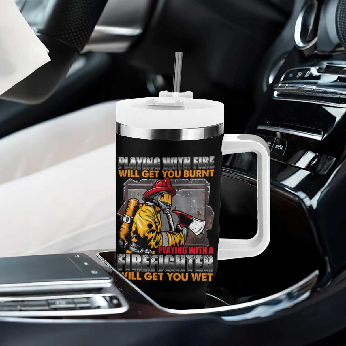 Funny Firefighter Tumbler With Handle Playing With A Firefighter Will Get You Wet TS09 Print Your Wear