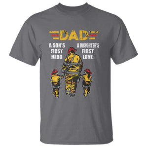 Firefighter Dad T Shirt A Son's First Hero A Daughter's First Love Father's Day TS09 Charcoal Print Your Wear