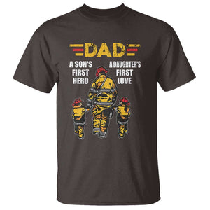 Firefighter Dad T Shirt A Son's First Hero A Daughter's First Love Father's Day TS09 Dark Chocolate Print Your Wear