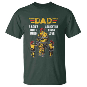 Firefighter Dad T Shirt A Son's First Hero A Daughter's First Love Father's Day TS09 Dark Forest Green Print Your Wear