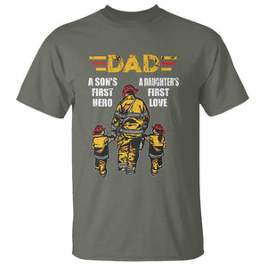 Firefighter Dad T Shirt A Son's First Hero A Daughter's First Love Father's Day TS09 Military Green Print Your Wear