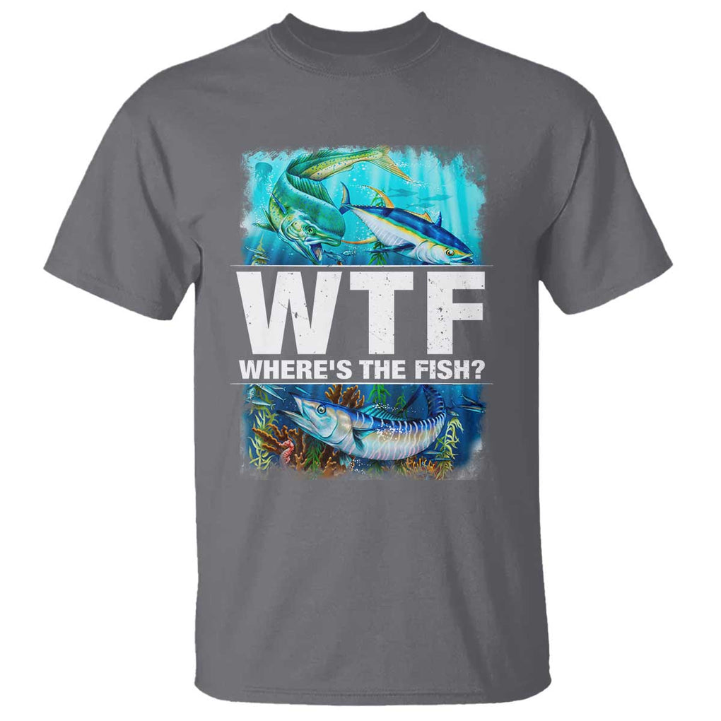 WTF Where's The Fish Fisherman T Shirt TS09 Charcoal Print Your Wear