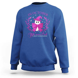 Breast Cancer Halloween Sweatshirt In October We Wear Pink Cute Pink Ghost TS09 Royal Blue Print Your Wear