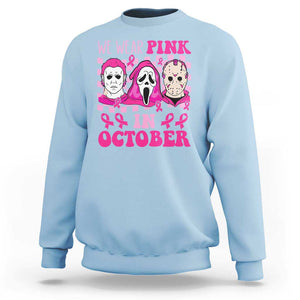 Breast Cancer Halloween Sweatshirt In October We Wear Pink Horror Character TS09 Light Blue Print Your Wear