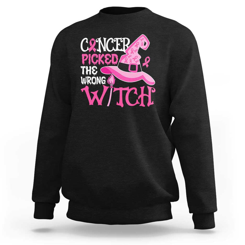 Breast Cancer Halloween Sweatshirt Cancer Picked The Wrong Witch TS09 Black Print Your Wear