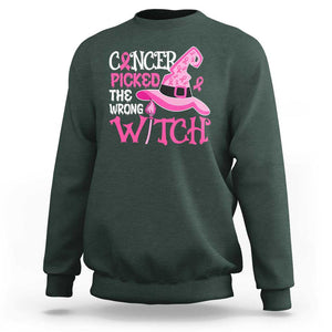 Breast Cancer Halloween Sweatshirt Cancer Picked The Wrong Witch TS09 Dark Forest Green Print Your Wear