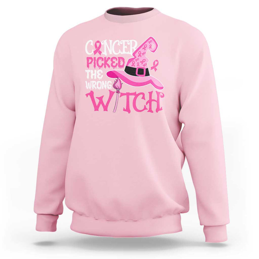 Breast Cancer Halloween Sweatshirt Cancer Picked The Wrong Witch TS09 Light Pink Print Your Wear