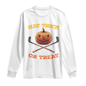 Halloween Hockey Long Sleeve Shirt Hat Trick Or Treat Pumpkin Player TS09 White Print Your Wear