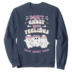 School Counselor Halloween Sweatshirt Don't Ghost Your Feelings Spooky Mental Health TS09 Navy Print Your Wear