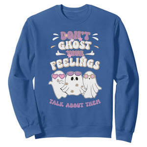 School Counselor Halloween Sweatshirt Don't Ghost Your Feelings Spooky Mental Health TS09 Royal Blue Print Your Wear