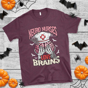 Nurse Halloween T Shirt Neuro Nurses Love Brains Skeleton TS09 Maroon Print Your Wear