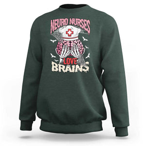 Nurse Halloween Sweatshirt Neuro Nurses Love Brains Skeleton TS09 Dark Forest Green Print Your Wear