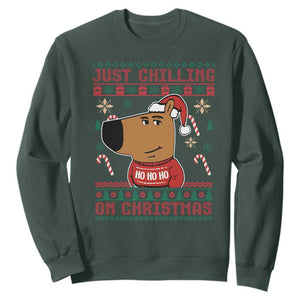 Funny Just Chilling On Christmas Meme Chillin Guy Sweatshirt TS09 Dark Forest Green Print Your Wear