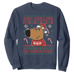 Funny Just Chilling On Christmas Meme Chillin Guy Sweatshirt TS09 Navy Print Your Wear